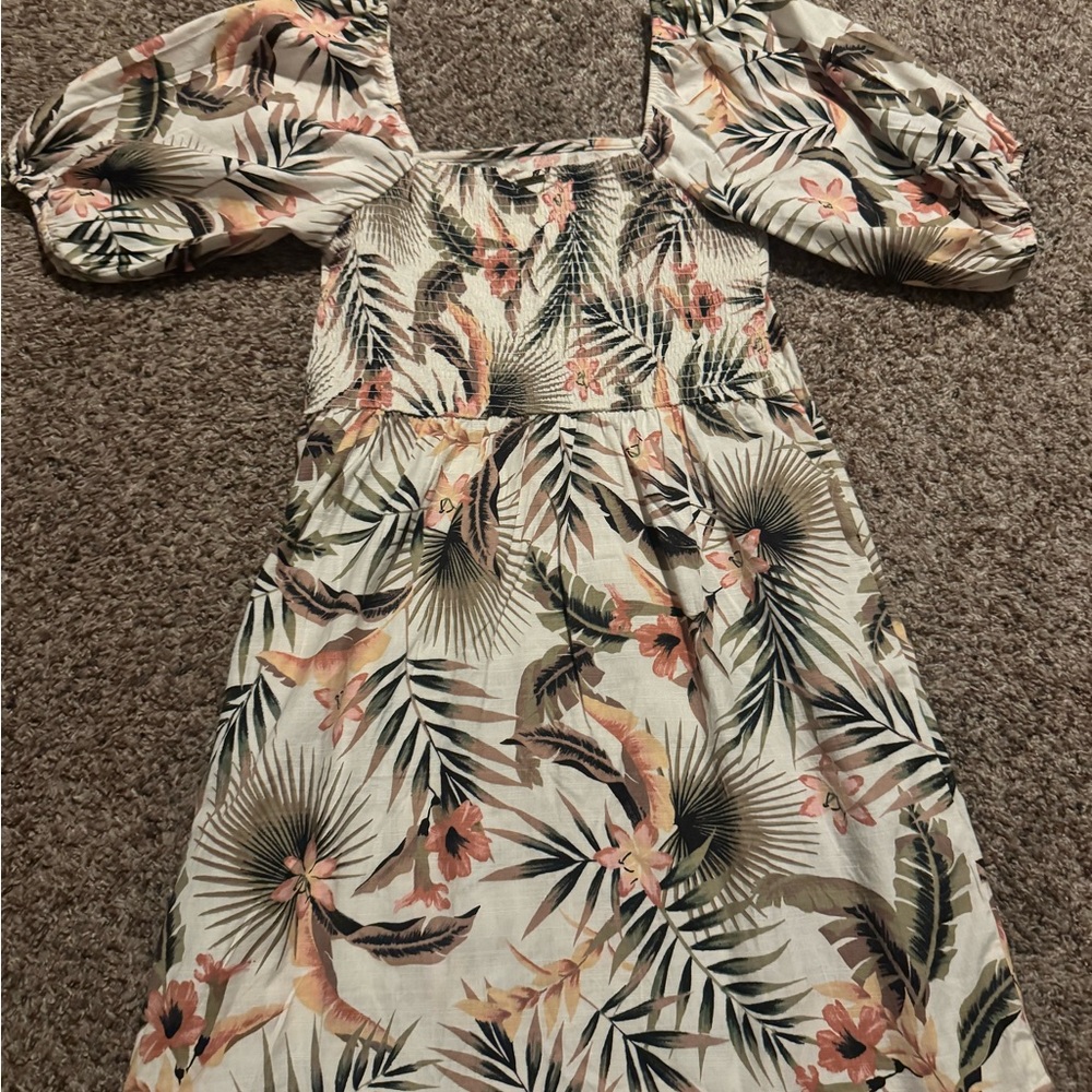 Billabong White Floral Smocked Midi Dress with Green and Peach Accents